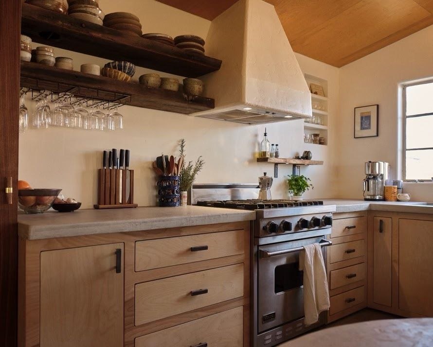 Close-up of the kitchen cabinetry and open shelving