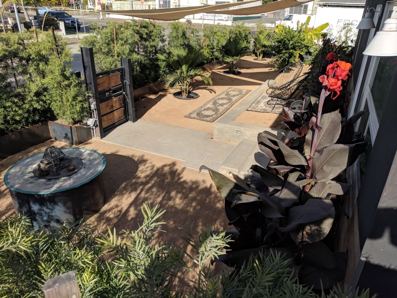Finished Mojave Desert inspired courtyard with Corten steel firepit