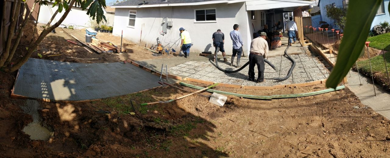 Crews working on the wide concrete pour